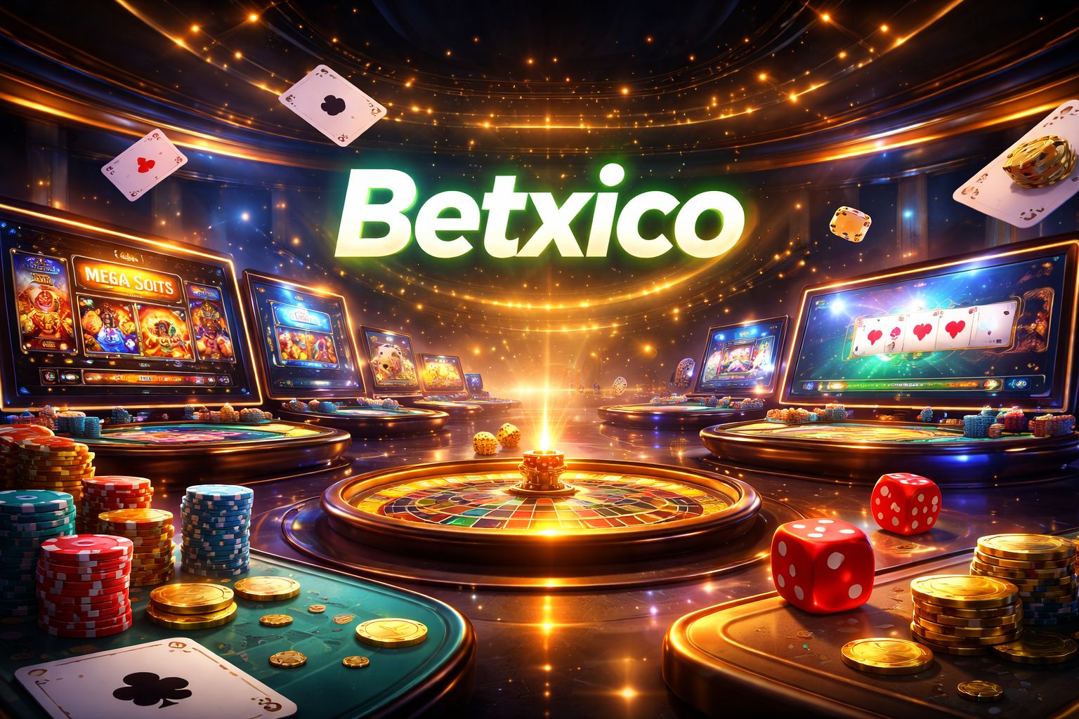 Un vibrante salón de juegos Betxico con cartas, fichas, dados y pantallas de juego iluminadas.