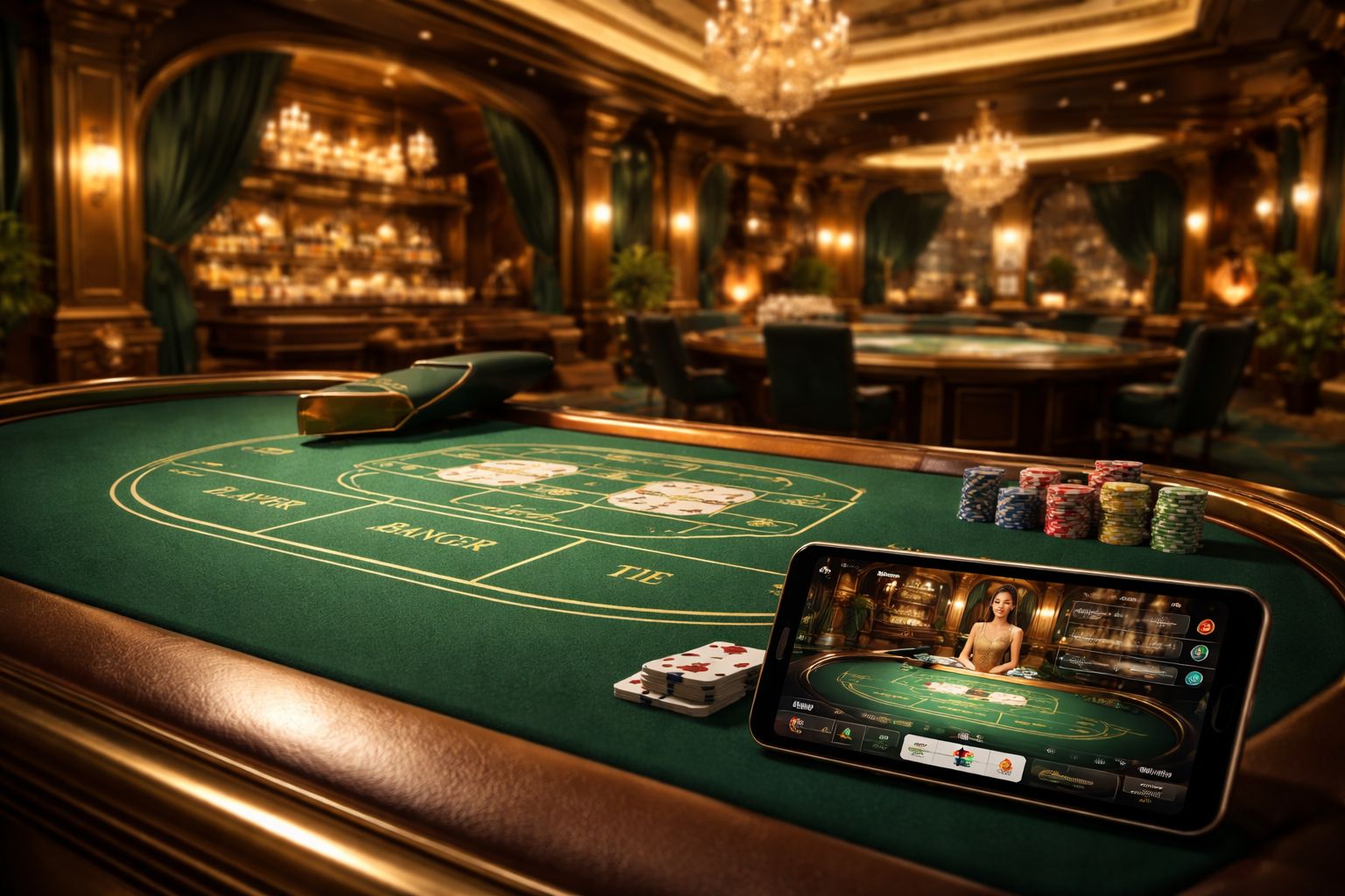 Una configuración moderna de casino en vivo mostrada en una pantalla móvil con una mesa de crupier y una iluminación elegante.