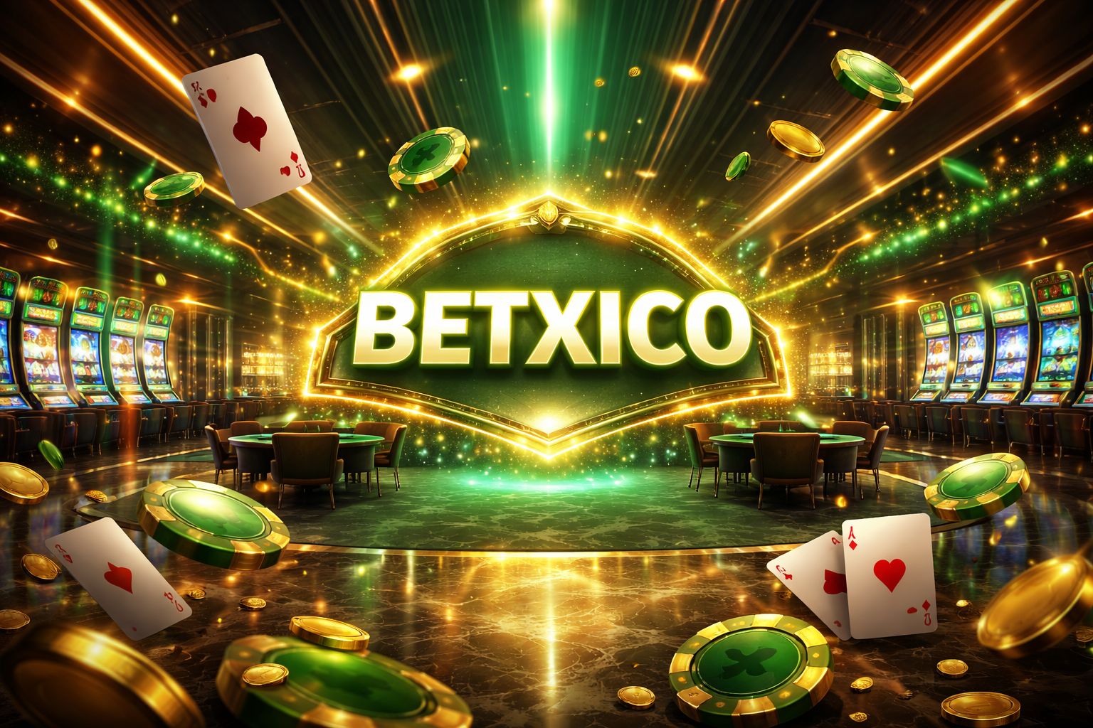 Una vibrante escena digital de casino con Betxico mostrado prominentemente, rodeado de cartas, fichas y acentos dorados brillantes.