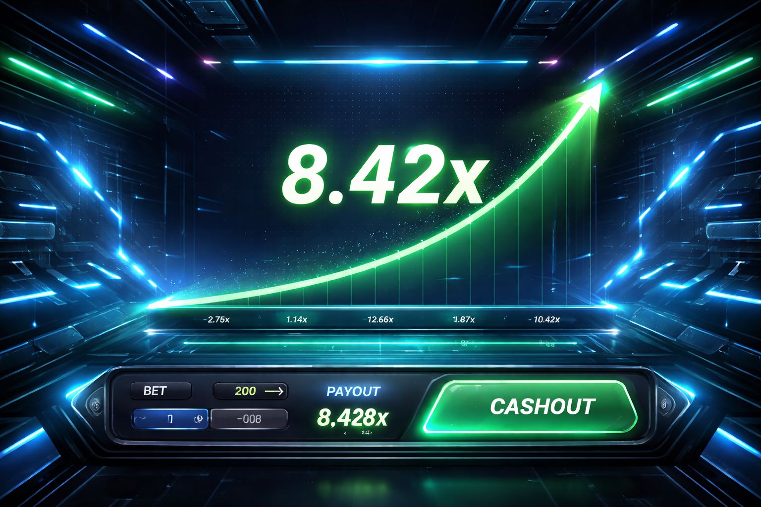 Una interfaz de juego estilo crash de ritmo rápido con multiplicadores ascendentes y visuales neón energéticos en Betxico.